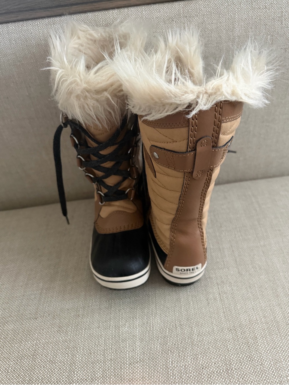Sorel Tofino II Kids' Tan and Black Faux Fur Lined Winter Boots